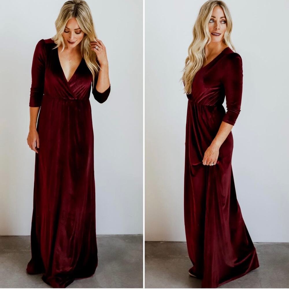 Baltic Born Burgundy Velvet Maxi Wrap Sofia Long Sleeve Dress Formal Gown L NWT - Picture 2 of 8